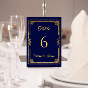Tarjeta De Mesa Boda de tramas azul y dorado de la Marina de Lujo