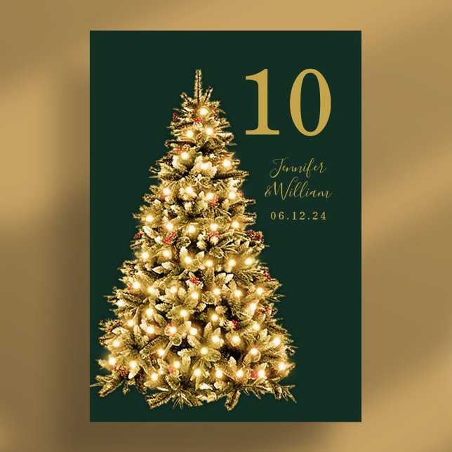 Tarjeta De Mesa Boda de vacaciones navideñas festivas de oro verde (Gold Festive Christmas Tree Holiday Wedding Green Table Number)