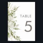 Tarjeta De Mesa Boda de vegetación floral blanca<br><div class="desc">Este elegante tema de la boda presenta un floreciente arreglo de flores blancas y vegetación sobre un fondo de lino blanco y fresco. Utilizando la tipografía sans serif y sutiles pistas de caligrafía escrita a mano,  este diseño es moderno y clásico.</div>