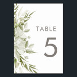 Tarjeta De Mesa Boda de vegetación floral blanca<br><div class="desc">Este elegante tema de la boda presenta un floreciente arreglo de flores blancas y vegetación sobre un fondo de lino blanco y fresco. Utilizando la tipografía sans serif y sutiles pistas de caligrafía escrita a mano,  este diseño es moderno y clásico.</div>