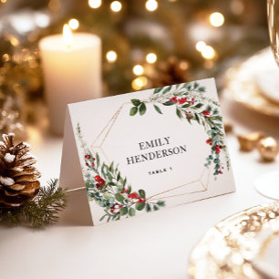 Tarjeta De Mesa Boda de Vegetación Invernal Botánica con Bayas Roj