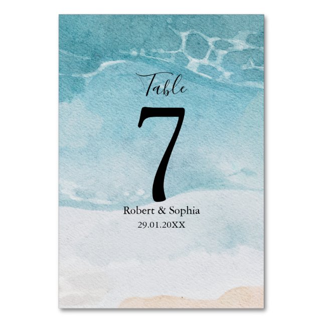 Tarjeta De Mesa Boda de verano azul en la playa (Anverso)
