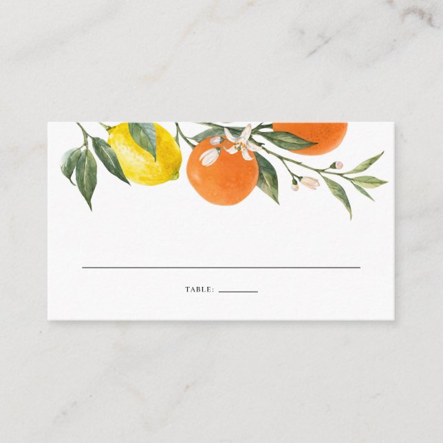 Tarjeta De Mesa Boda de verano Boho Naranjas y Lemones Botánicos (Anverso)