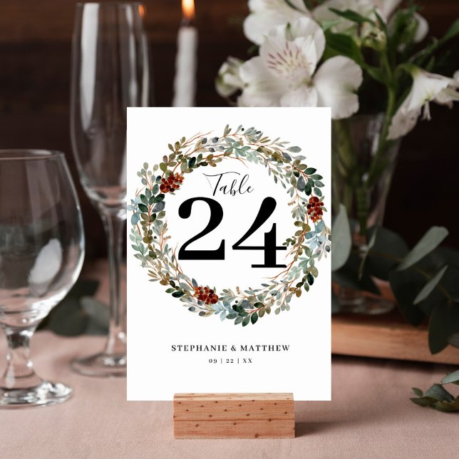 Tarjeta De Mesa Boda de Wreath Botánico Moderno (Winter watercolor wreath boho design table number card is perfect for your wedding reception.)