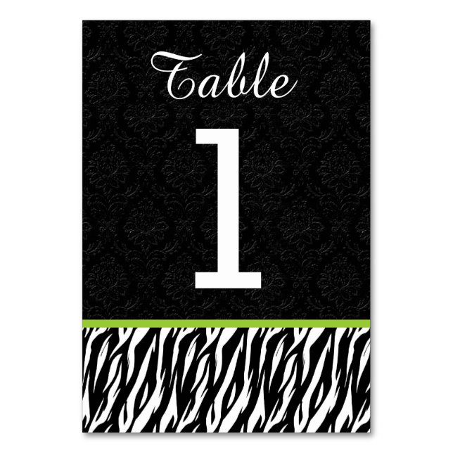 Tarjeta De Mesa Boda de ZEBRA Número 1 con LIME GREEN (Anverso)