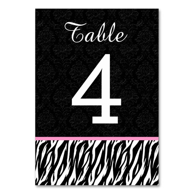 Tarjeta De Mesa Boda de ZEBRA Tabla número 4 con PINK (Anverso)