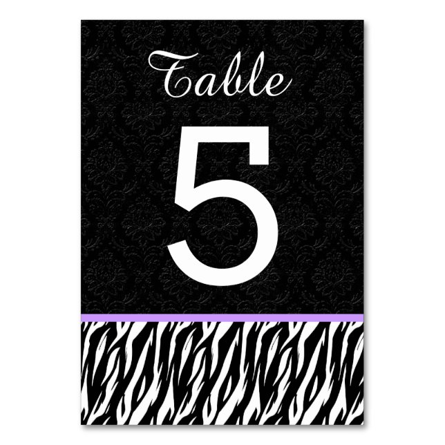Tarjeta De Mesa Boda de ZEBRA Tabla número 5 con PURPLE (Anverso)