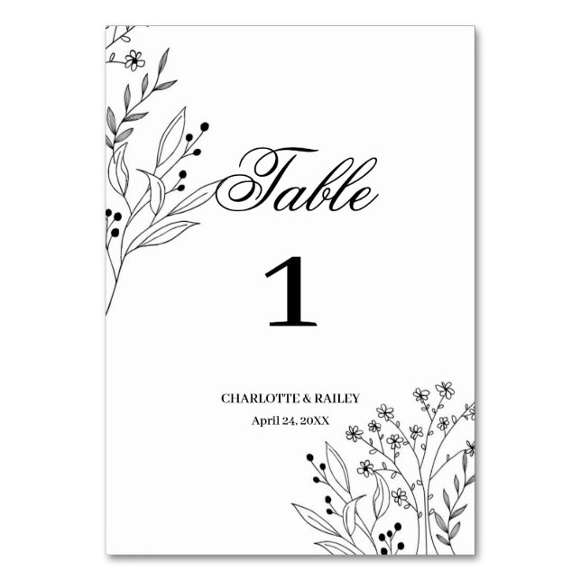 Tarjeta De Mesa Boda del Boho floral de la esquina blanca y negra (Anverso)