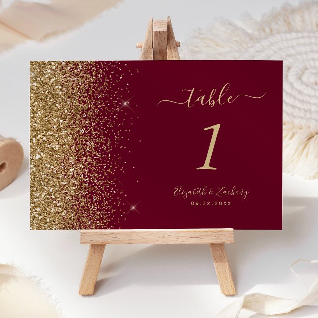 Tarjeta De Mesa Boda del Borgoña Purpurina dorado rojo moderno (Subido por el creador)