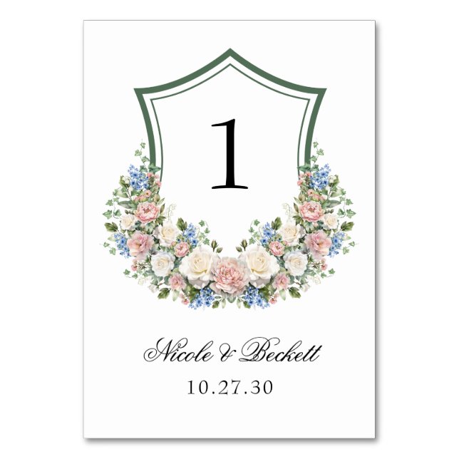 Tarjeta De Mesa Boda del Escudo Dusty Blue Floral (Anverso)