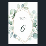 Tarjeta De Mesa Boda del follaje de la vegetación geométrica de or<br><div class="desc">Este número de cuadro boda presenta eucalipto de acuarela pintada y hojas botánicas verdes con un marco geométrico de oro. Para una personalización más avanzada de este diseño,  haga clic en el vínculo Personalizar adicional para cambiar el tipo de letra,  el tamaño y el color.</div>