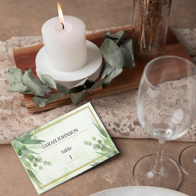 Tarjeta De Mesa Boda del follaje de oro verde del marco del eucali (Subido por el creador)