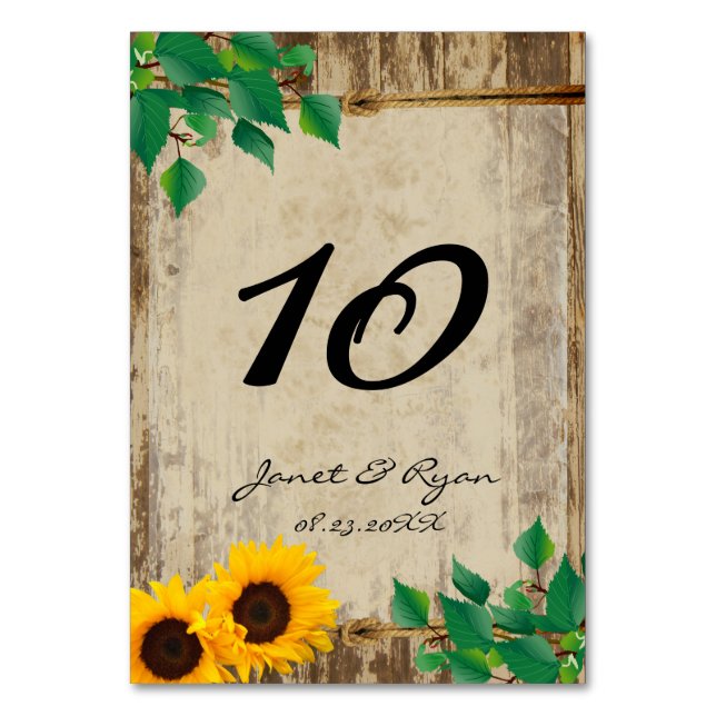 Tarjeta De Mesa Boda del girasol de la madera de pino rústica (Anverso)