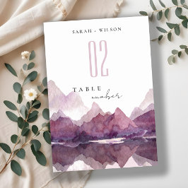 Tarjeta De Mesa Boda del lago Purple Lilac Watercolor Mountain