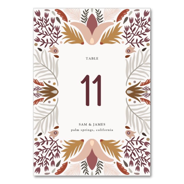 Tarjeta De Mesa Boda del marco del borde botánico de Boho Folk (Anverso)