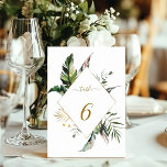 Tarjeta De Mesa Boda del marco dorado de color de agua tropical Fo<br><div class="desc">Esta tarjeta boda con número de mesa cuenta con foliaje tropical de color agua verde,  hoja de palmera,  hoja de plátano con un marco de forma de diamante dorado. Es perfecto para una boda de playa,  verano o destino. >>> Vea toda la colección >> https://www.zazzle.com/collections/tropical_foliage_gold_collection-119316977990783186</div>