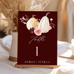 Tarjeta De Mesa Boda del otoño de la calabaza de Borgoña<br><div class="desc">Este número de la mesa boda incluye calabazas acuarelas blancas y amarillas adornadas con flores borgoñas,  marrones y rosas rubias sobre hojas caídas. Para una personalización más avanzada de este diseño,  haga clic en el BOTÓN HERRAMIENTA DE DISEÑO AZUL situado más arriba</div>