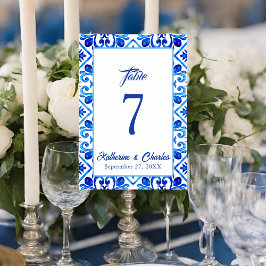 Tarjeta De Mesa Boda del patrón de mosaico marroquí azul y blanco