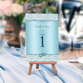 Tarjeta De Mesa Boda del Purpurina de Damasco de Monograma Azul