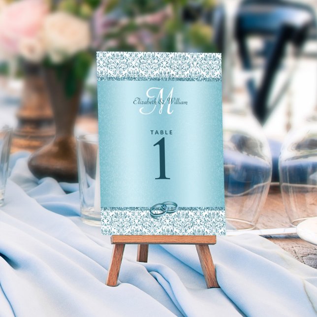 Tarjeta De Mesa Boda del Purpurina de Damasco de Monograma Azul (Subido por el creador)