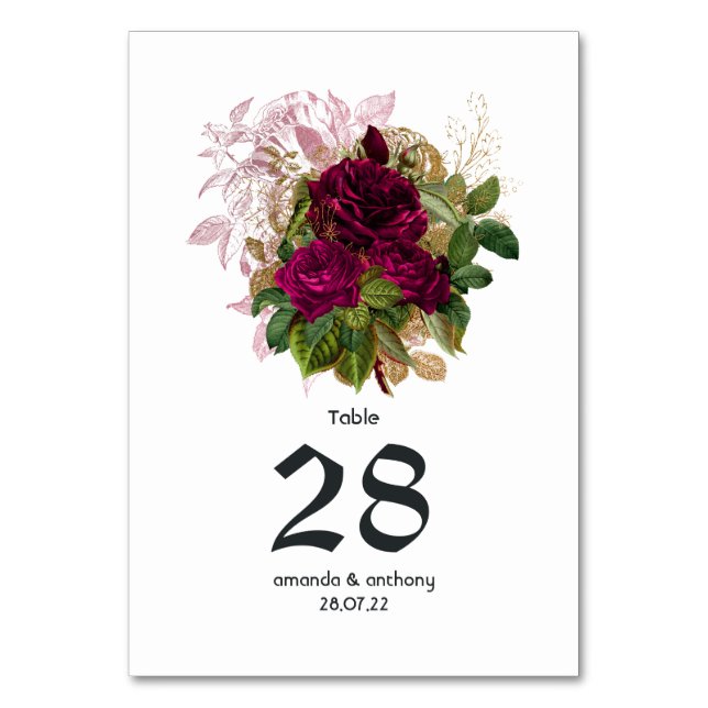 Tarjeta De Mesa Boda Desgastada Burgundy Rubor Oro (Anverso)