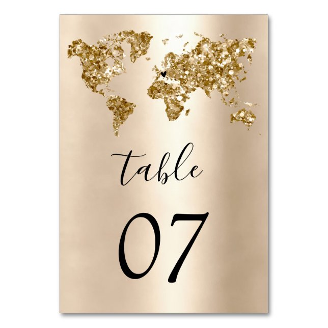 Tarjeta De Mesa Boda Destino Mapa Mundial Oro Corazón extraíble (Anverso)