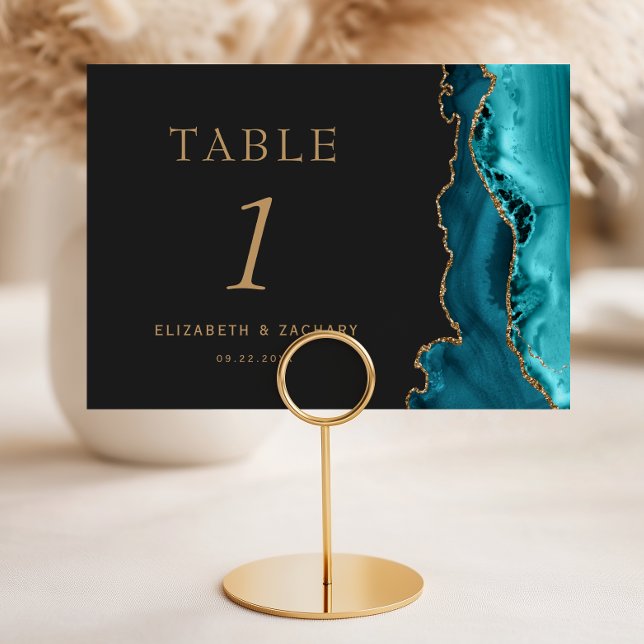 Tarjeta De Mesa Boda Dorada Ágata Azul Teal Oscuro (Subido por el creador)