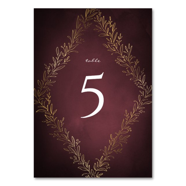 Tarjeta De Mesa Boda dorada burgundy botánica elegante (Anverso)