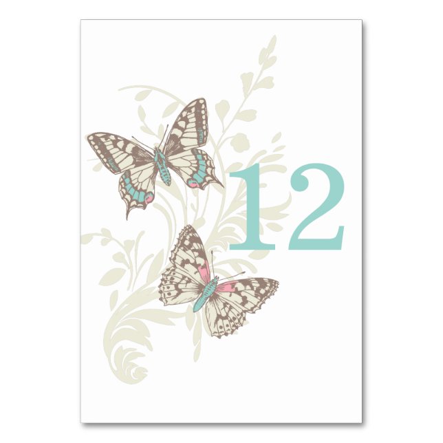 Tarjeta De Mesa Boda dos mariposas gráficas retrato verde azulado (Anverso)