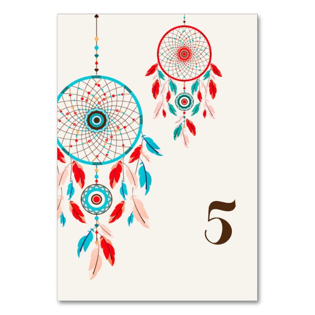 Tarjeta De Mesa Boda Dreamcatcher de la pluma Tribal Boho (Anverso)