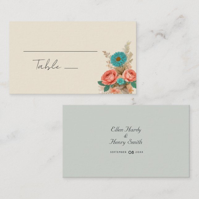 Tarjeta De Mesa Boda Ecológica de Blues Tropicales y Verdes (Anverso / Reverso)