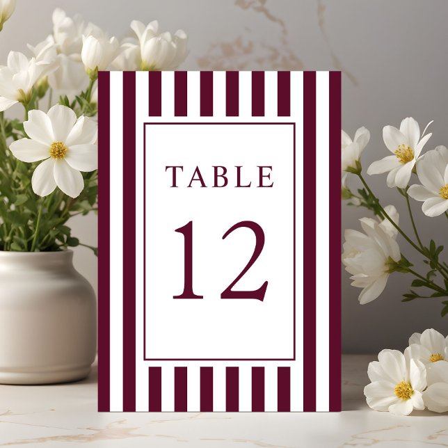 Tarjeta De Mesa Boda Elegante a Rayas Burgundy (Elegant Striped Burgundy Wedding Table Number)