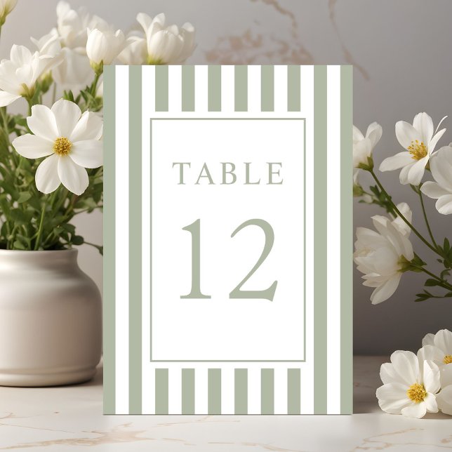 Tarjeta De Mesa Boda elegante a rayas verde salvia (Elegant Striped Sage Green Wedding Table Number)