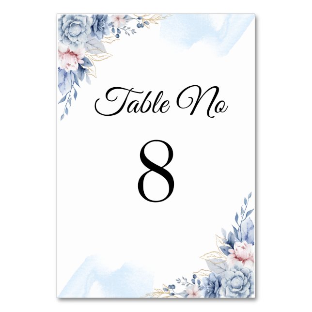 Tarjeta De Mesa Boda elegante azul blanco (Anverso)