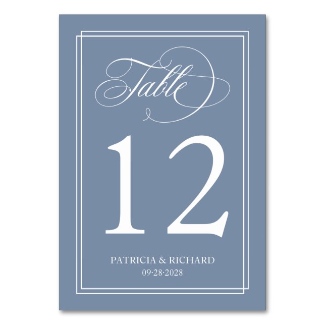 Tarjeta De Mesa Boda elegante azul polvoriento (Anverso)