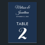 Tarjeta De Mesa Boda elegante azul prusiana blanca y sencilla<br><div class="desc">Tarjeta de número de tabla minimalista simple y elegante con un elegante guión blanco sobre un fondo azul prusiano clásico. Personalizable fácil con los nombres de la novia y del novio, la fecha del boda y el número de la tabla. Para mayor personalización o pedidos de personalizados, no dudes en...</div>