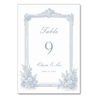 Tarjeta De Mesa Boda elegante con borde floral azul polvoriento