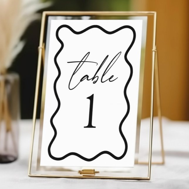 Tarjeta De Mesa Boda elegante con borde ondulado en blanco y negro (Subido por el creador)