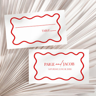 Tarjeta De Mesa Boda elegante con borde ondulado rojo y blanco