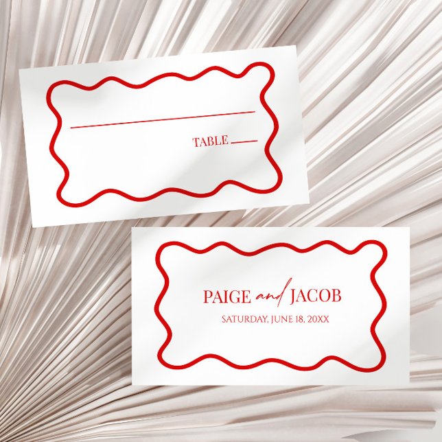 Tarjeta De Mesa Boda elegante con borde ondulado rojo y blanco (Subido por el creador)