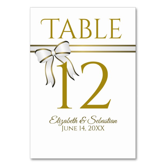 Tarjeta De Mesa Boda elegante con cinta blanca y dorada (Anverso)
