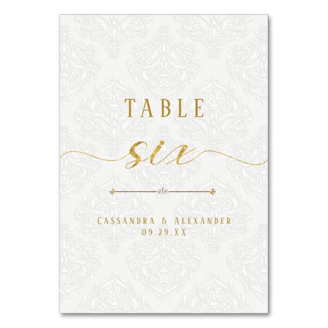 Tarjeta De Mesa Boda elegante con escritura en blanco y dorado 6 s (Anverso)