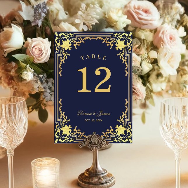 Tarjeta De Mesa Boda Elegante con Letra Script Dorada Falsa Azul M (Subido por el creador)