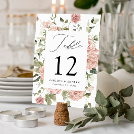 Tarjeta De Mesa Boda elegante con rosas rosadas y vegetación