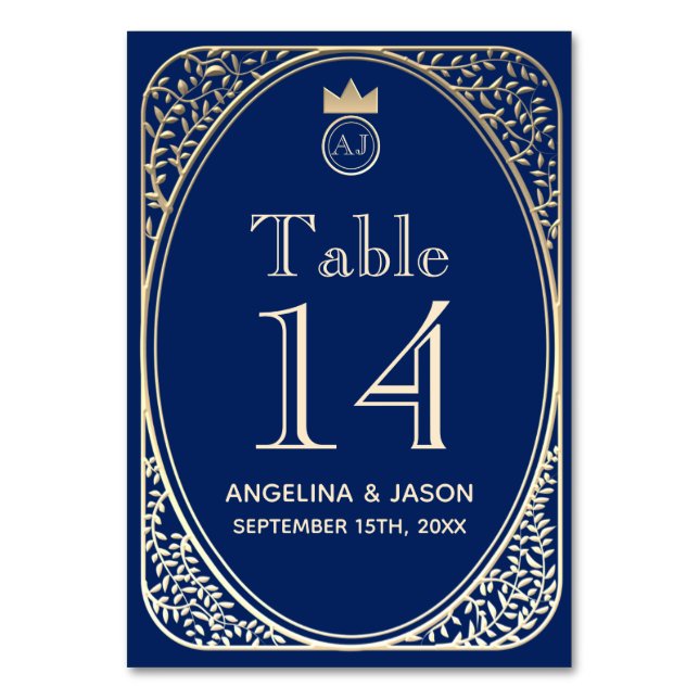 Tarjeta De Mesa Boda elegante de azul marino y oro (Anverso)
