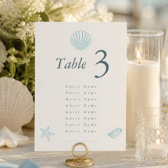 Tarjeta De Mesa Boda Elegante de Conchas Costeras (Coastal Seashell Elegant Wedding Table Number)