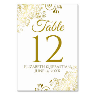 Tarjeta De Mesa Boda elegante de filigrana dorada y blanca