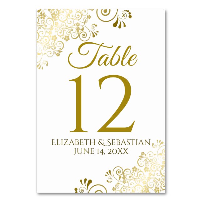 Tarjeta De Mesa Boda elegante de filigrana dorada y blanca (Anverso)