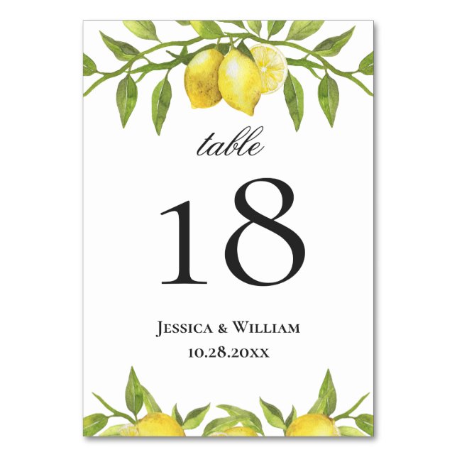 Tarjeta De Mesa Boda elegante de limón y vegetación (Anverso)