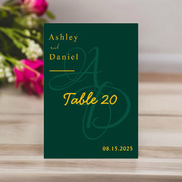 Tarjeta De Mesa Boda Elegante De Monograma Verde Y Oro Mínimo